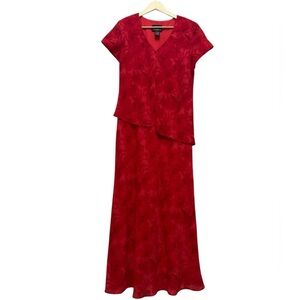 Vintage Ruby Red Floral Maxi Dress Elegant Look